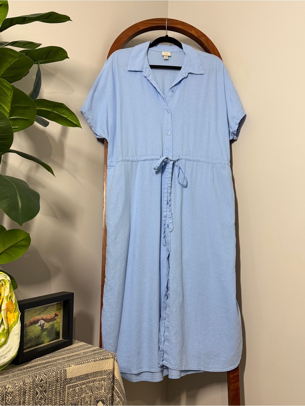 A New Day LARGE Blue Linen Blend Drawstring Waist Midi Shirt Dress